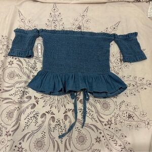 TAXI Denim Off-Shoulder Smocked Top